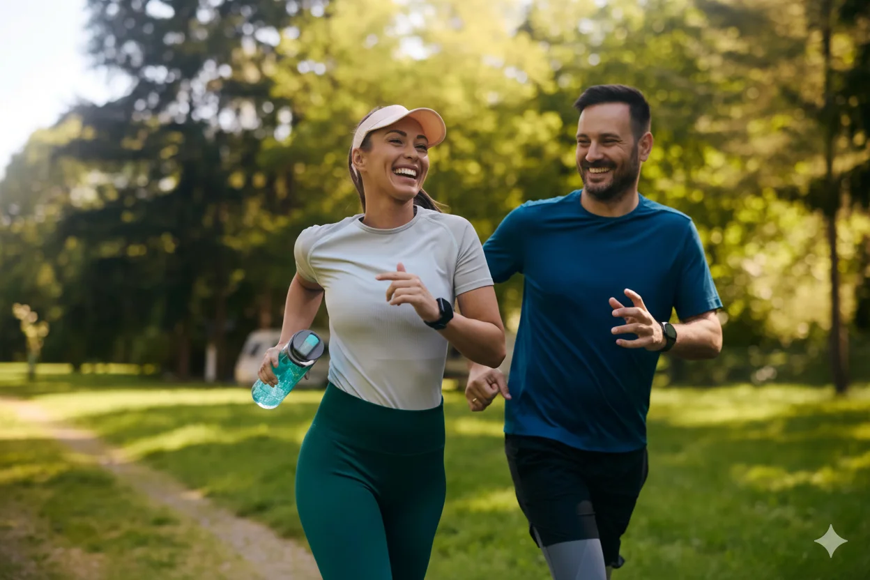 couple running though the park